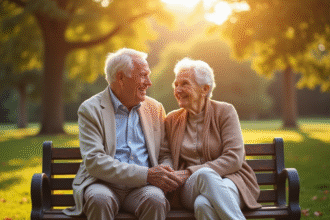 Couple senior assis sur un banc ensoleille dans un parc
