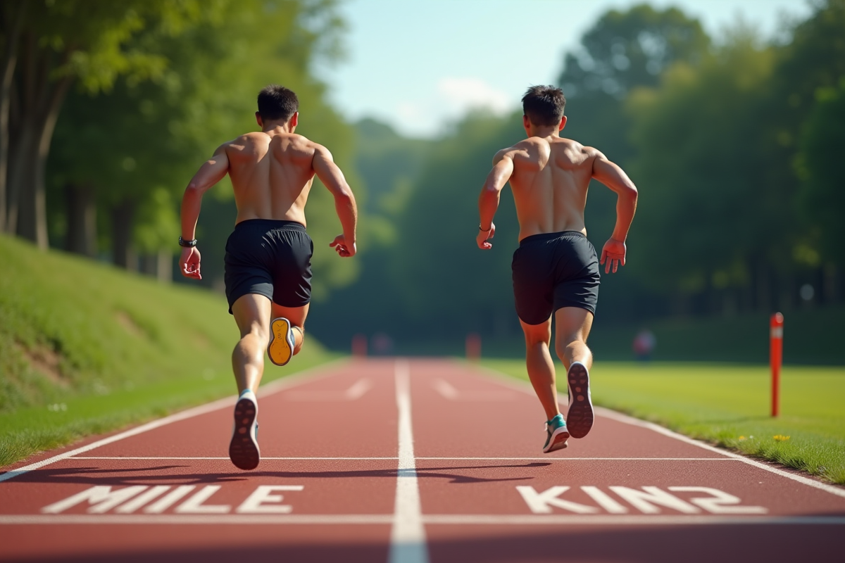 Deux coureurs sur piste avec marquages en miles et kilomètres