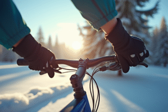 Cycliste en VTT hiver matin avec gants isolants et paysage enneige