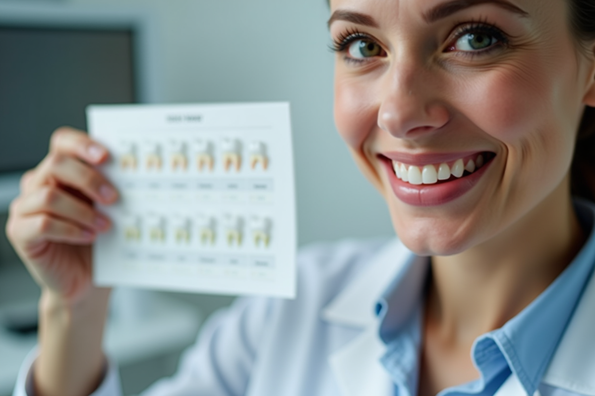 Dentiste montrant un nuancier de dents à côté du sourire naturel du patient