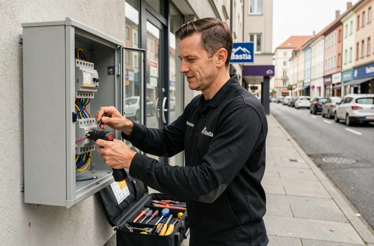Électricien professionnel Depelec travaillant sur une armoire électrique à Bastia