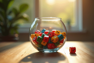 Billes de jeu colorées roulant sur une table en bois