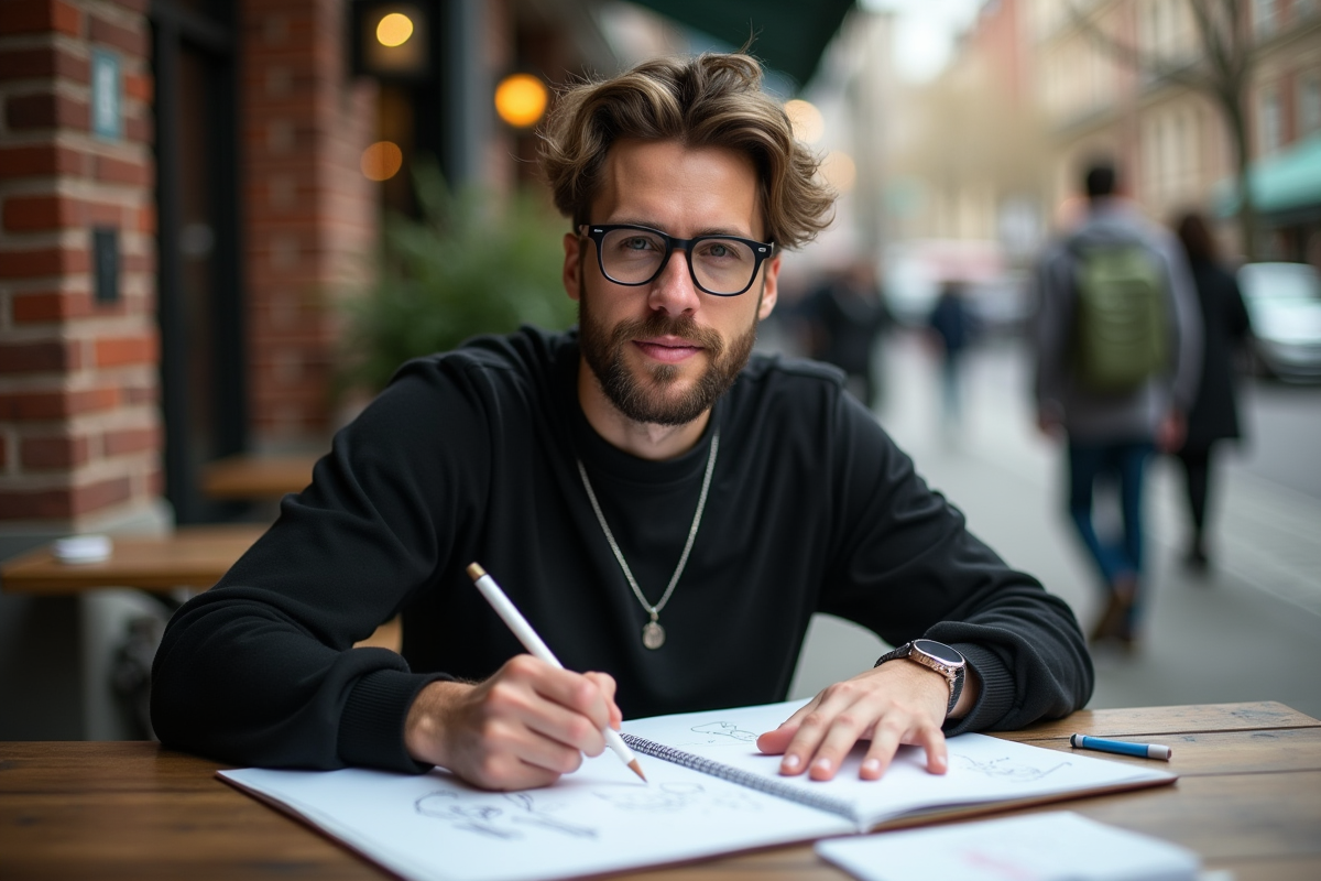 Jeune designer en streetwear esquissant dans un café urbain