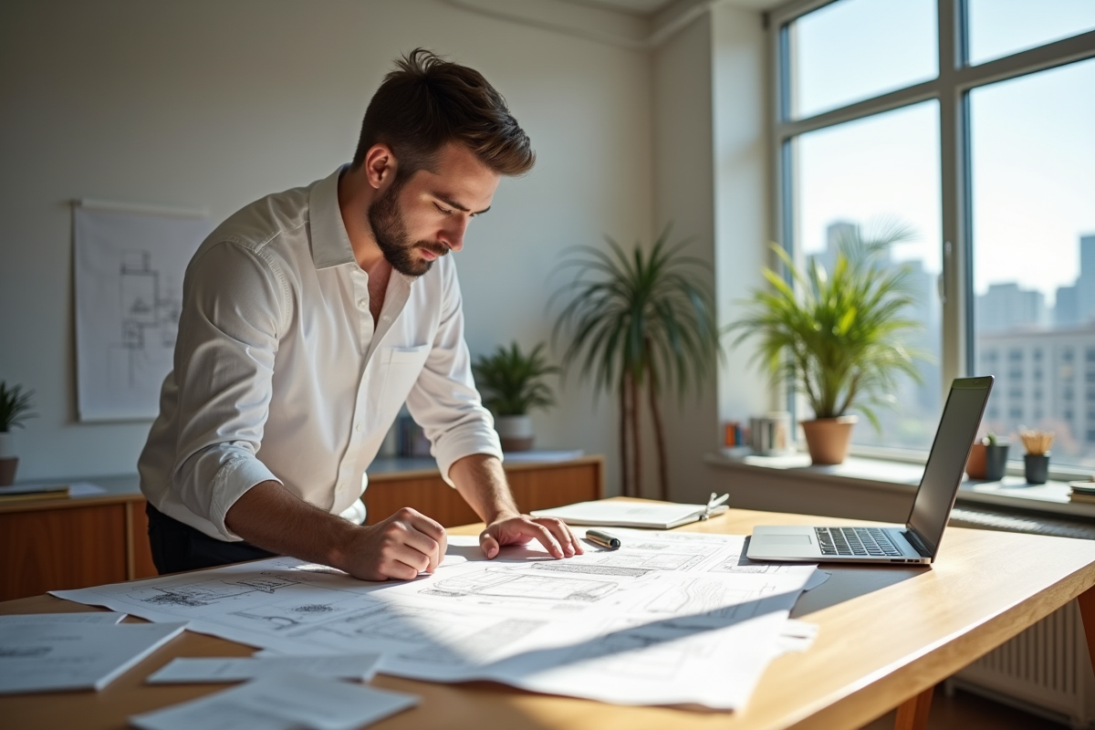 Designer homme examinant des dessins techniques dans un bureau lumineux