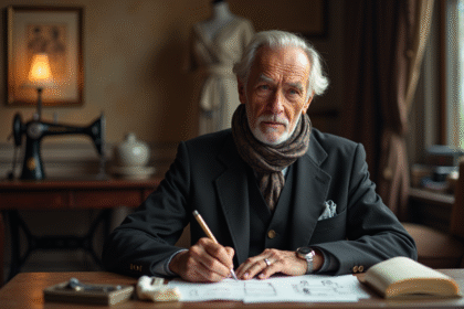 Homme âgé en costume dessinant dans un atelier de mode