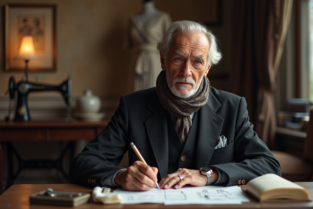 Homme âgé en costume dessinant dans un atelier de mode