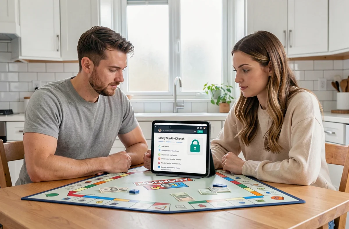 Deux adultes consultant un guide de sécurité en ligne sur tablette pendant une partie de Monopoly sur une table de cuisine moderne