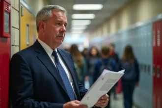 Principal d'école en blazer bleu vérifiant un manuel de sécurité