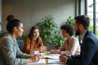 Groupe de personnes de différentes origines ethniques en discussion respectueuse autour d'une table de conférence, illustrant le débat sur l'humour et la censure