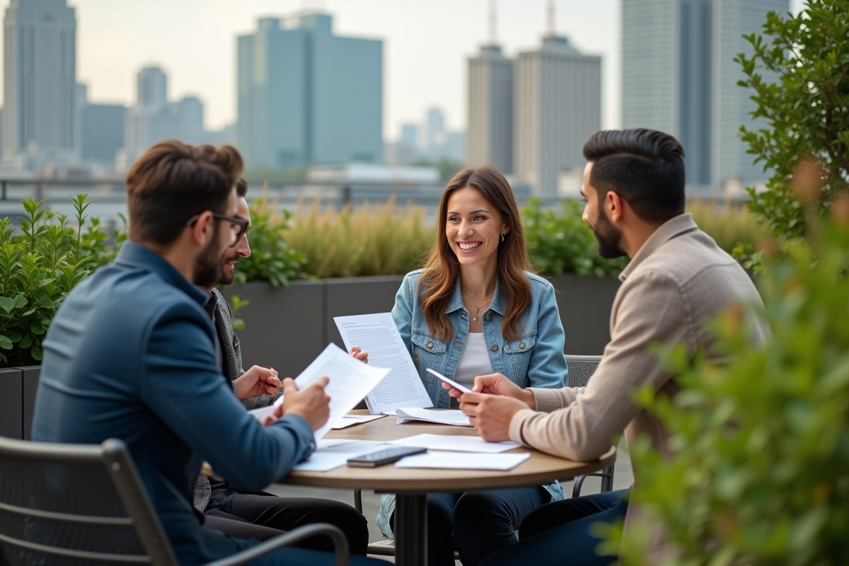 Groupe de professionnels discutant sur une terrasse urbaine