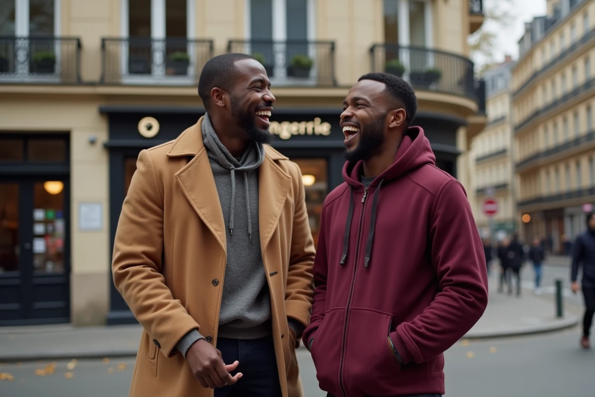 Duo de comédiens stand-up noirs français riant dans la rue à Paris en extérieur, ambiance décontractée et complice