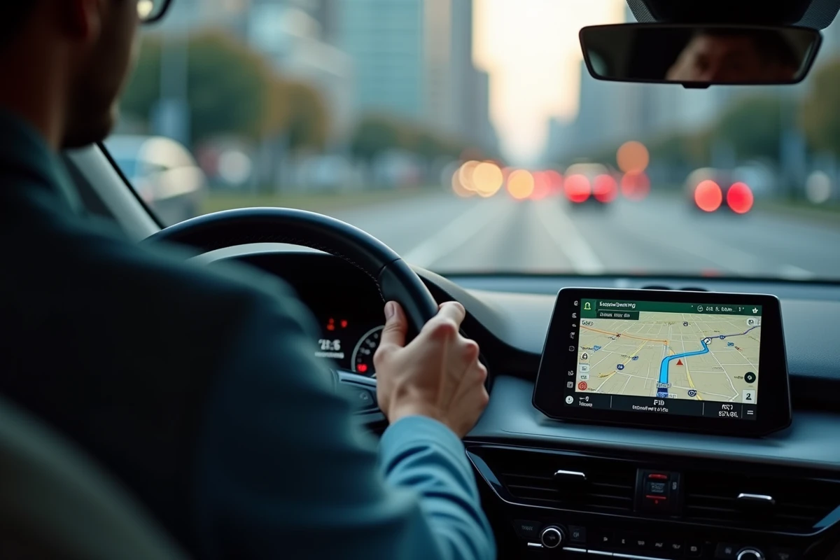Écran GPS intégré dans un tableau de bord de voiture avec itinéraire affiché