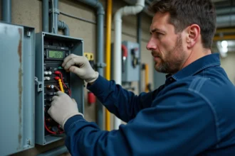 Électricien utilisant un multimètre pour diagnostiquer une panne dans un tableau électrique industriel