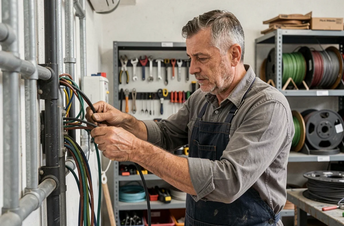 Artisan électricien Giacobetti travaillant sur un câblage électrique dans son atelier à Bastia