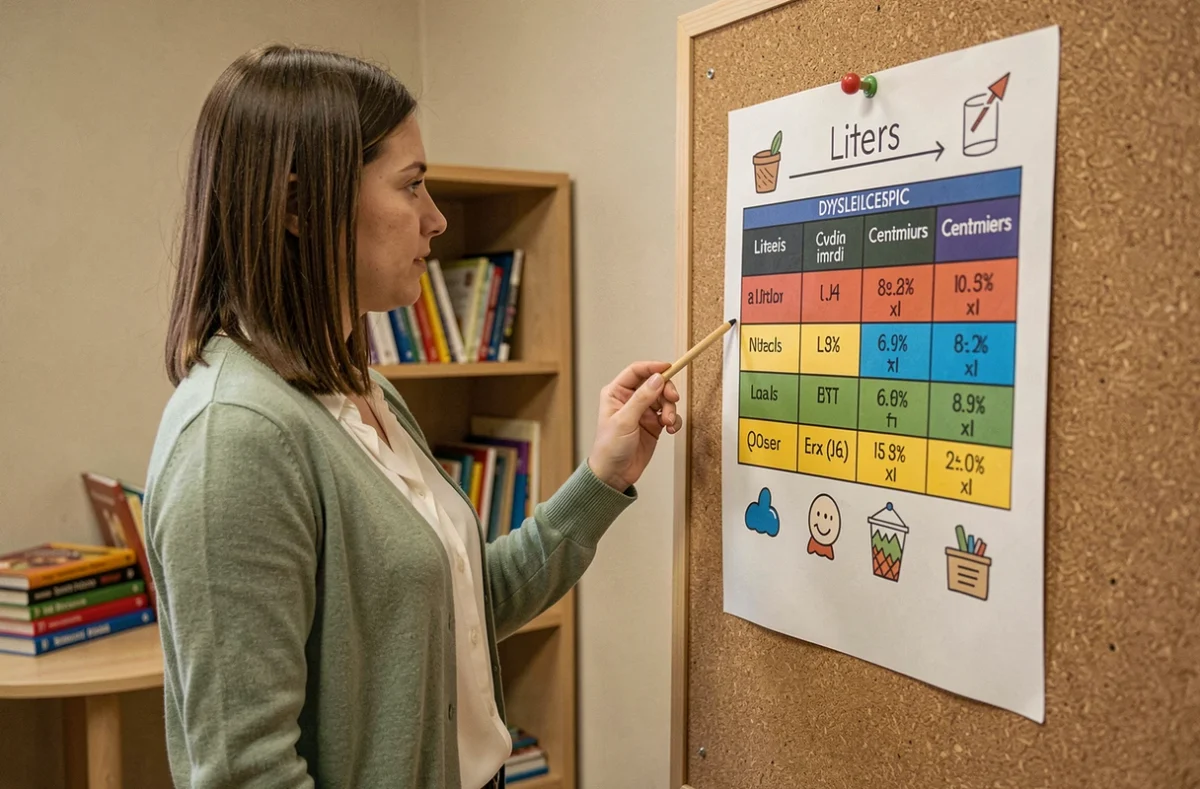 Enseignante spécialisée présentant un tableau visuel de conversion litre en cm3 adapté aux enfants dyslexiques