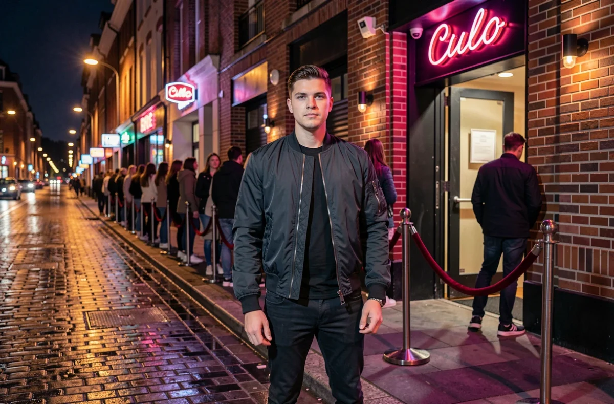 Jeune étudiant devant l'entrée d'une boite de nuit populaire à Lille avec une queue de noctambules sur des pavés mouillés
