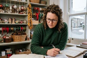 Entrepreneuse analysant ses finances dans un atelier artisanal de décoration de Noël en hiver