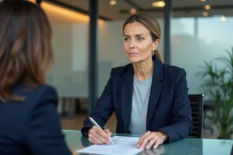 Femme cadre en entretien de recrutement dans un bureau moderne, évaluant un CV avec attention
