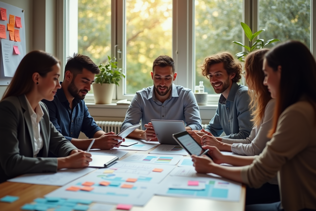 Groupe de professionnels collaborant autour de documents multilingues