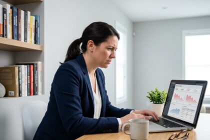 Femme entrepreneur frustrée devant son ordinateur portable affichant des statistiques de ventes en baisse sur son site e-commerce