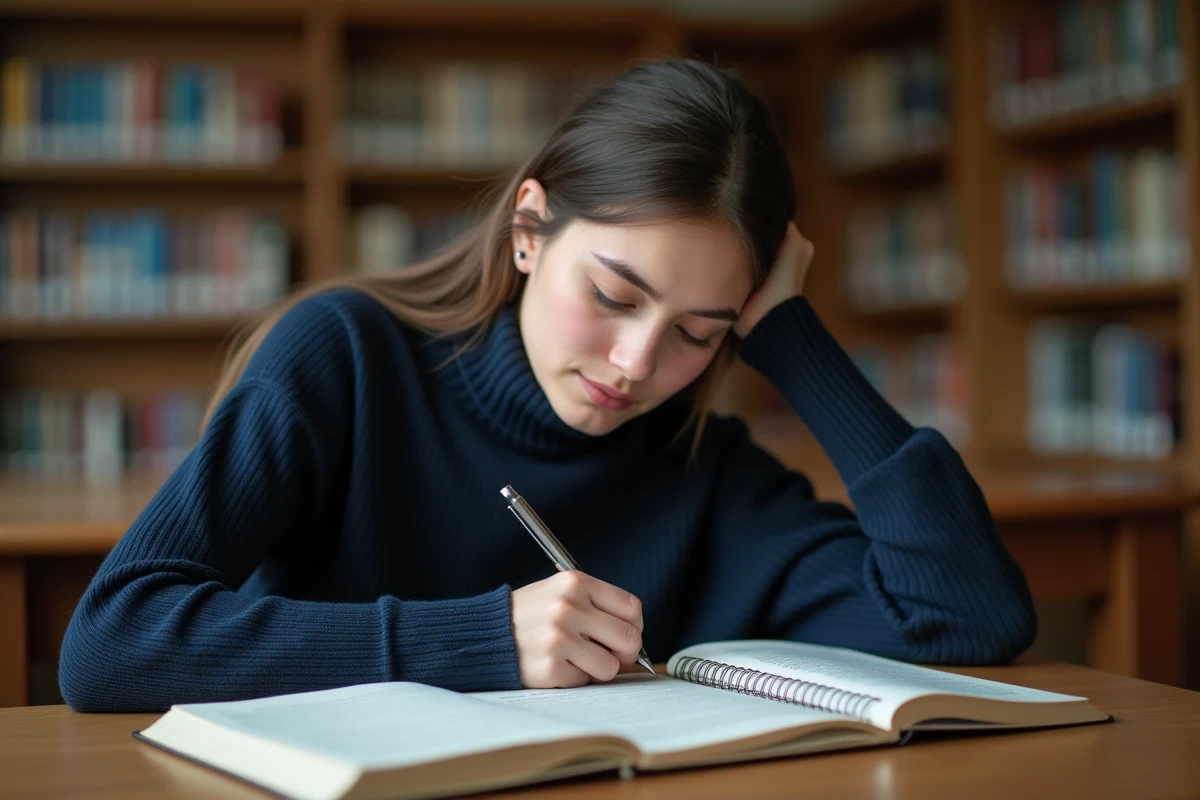 Étudiante prenant des notes sur une fiche de lecture de Cendrillon de Perrault dans une bibliothèque universitaire