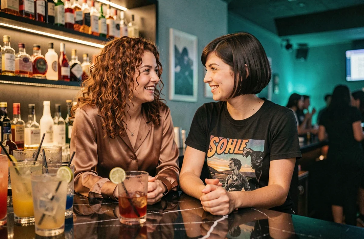 Deux étudiantes souriantes au bar d'une boite de nuit à Lille avec des cocktails colorés et une ambiance nocturne chaleureuse