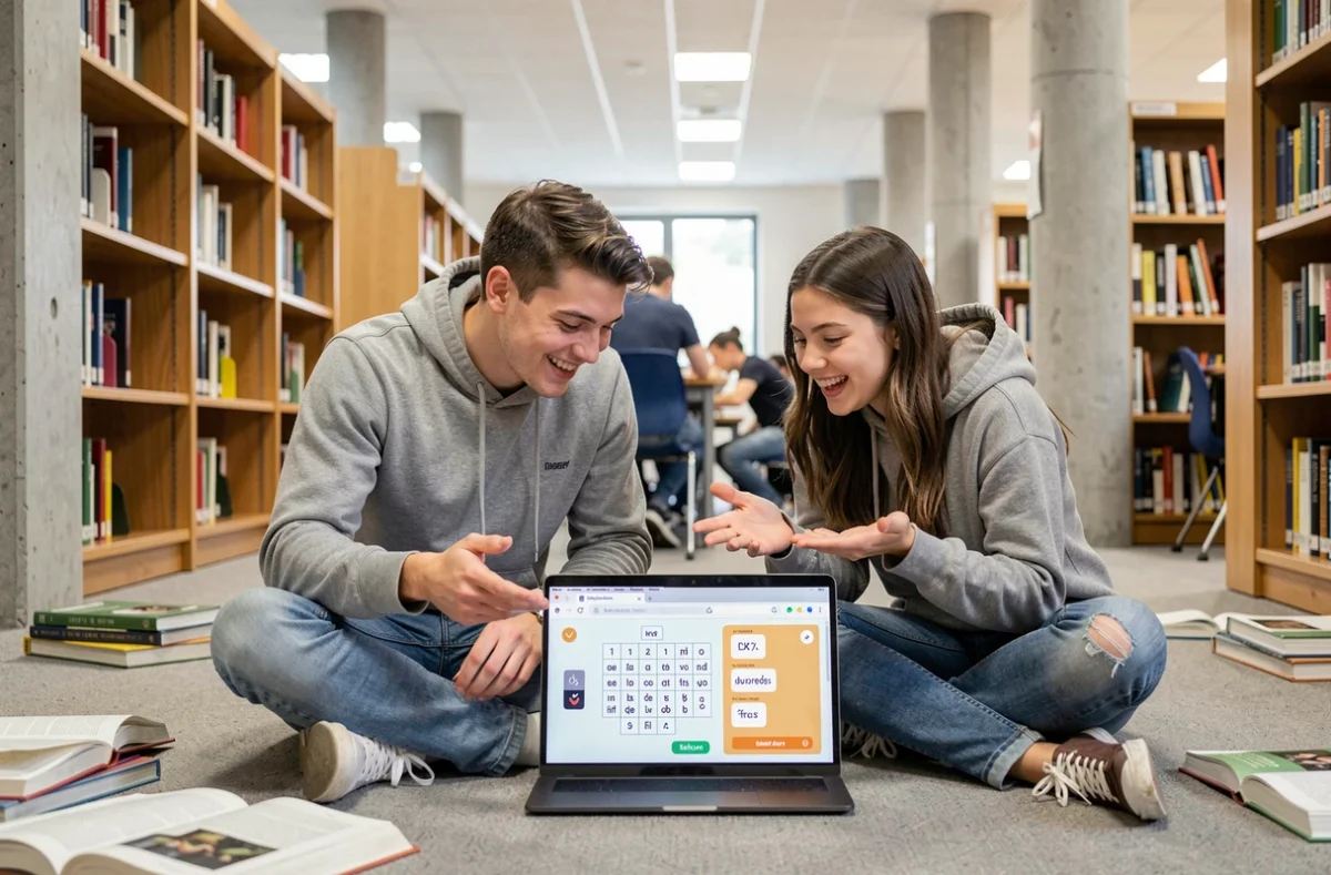 Deux étudiants collaborant pour résoudre le Pédantix du jour ensemble dans une bibliothèque universitaire