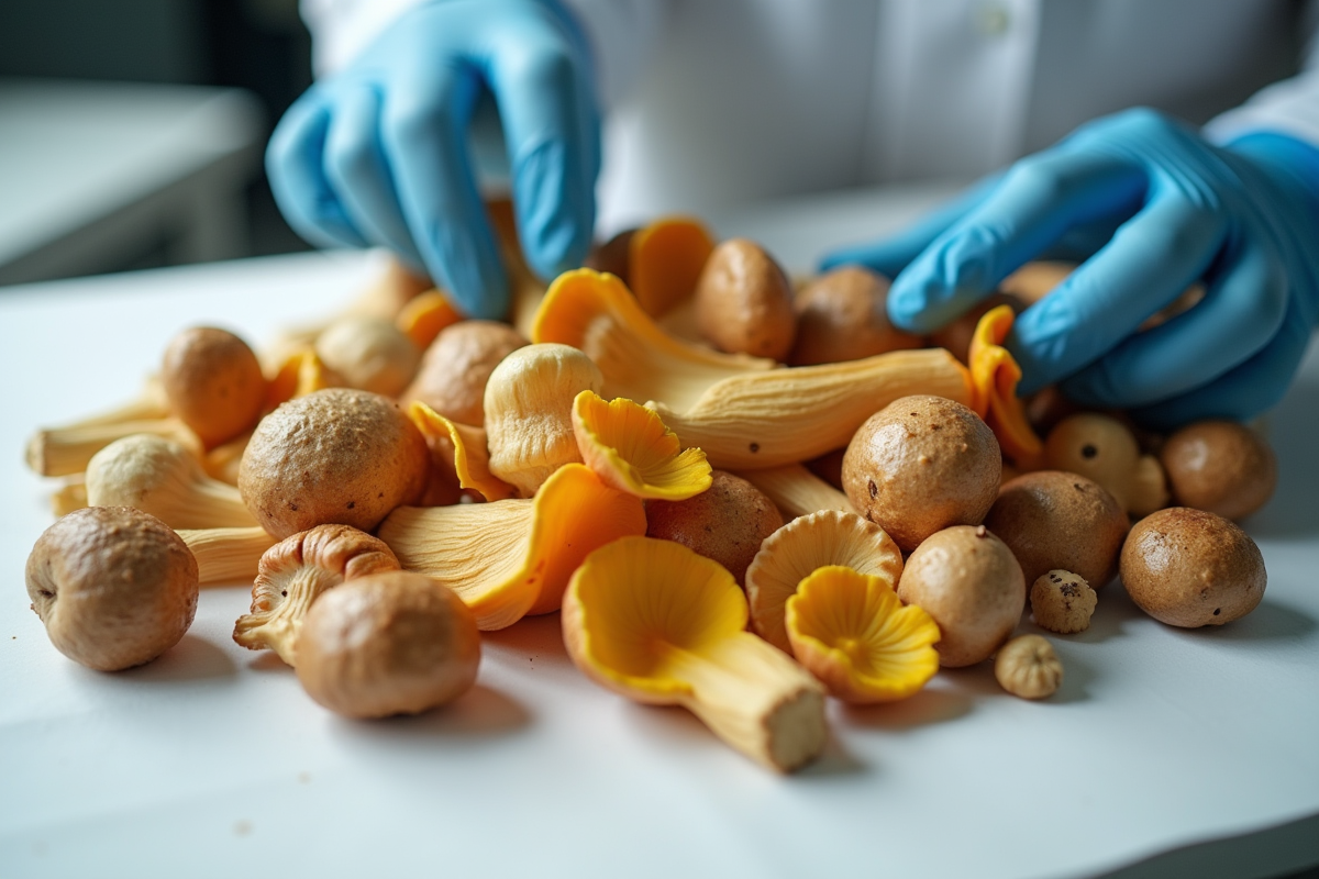 Examen de champignons avec mains gantées sur papier blanc