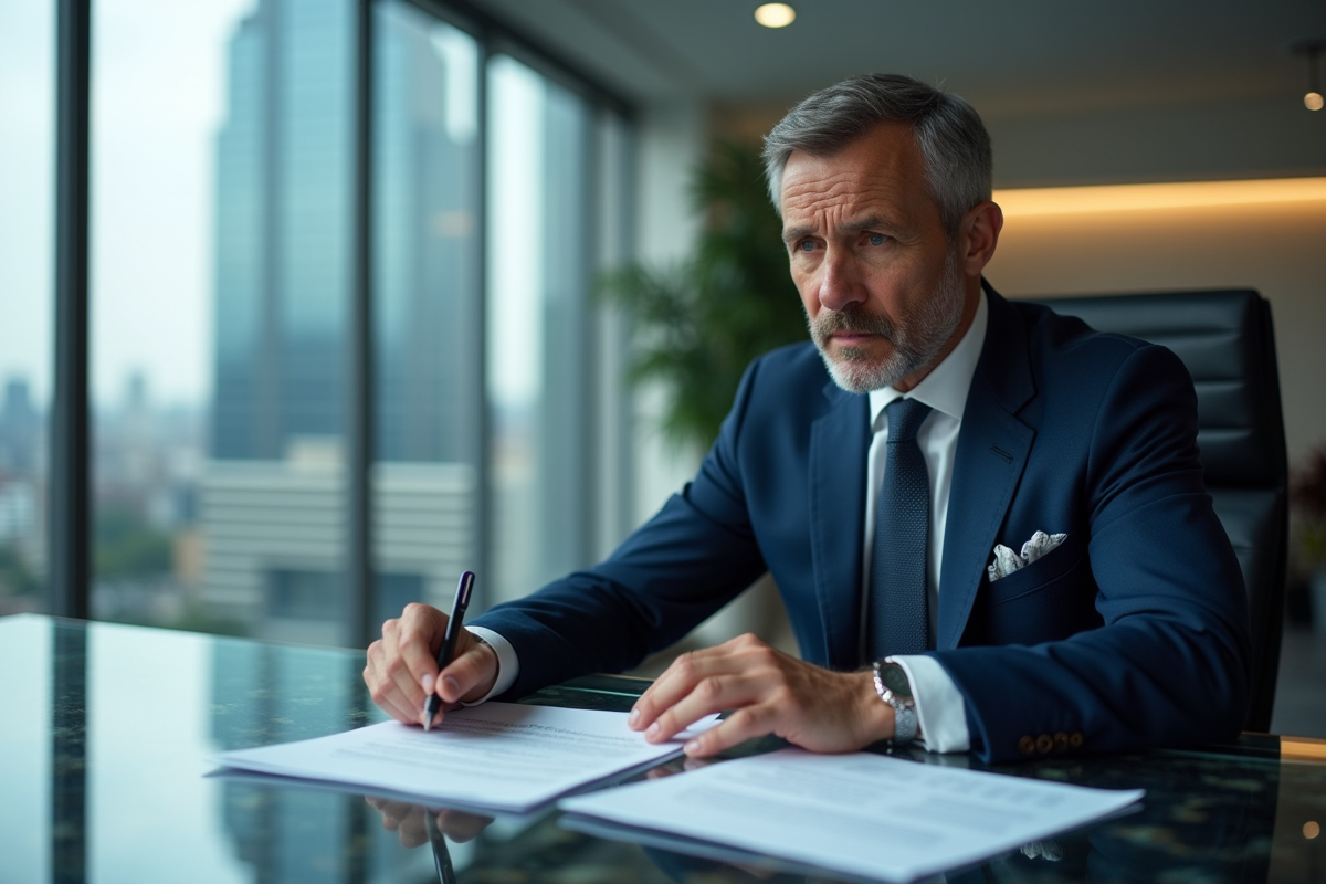 Homme d'affaires en costume navy dans un bureau moderne