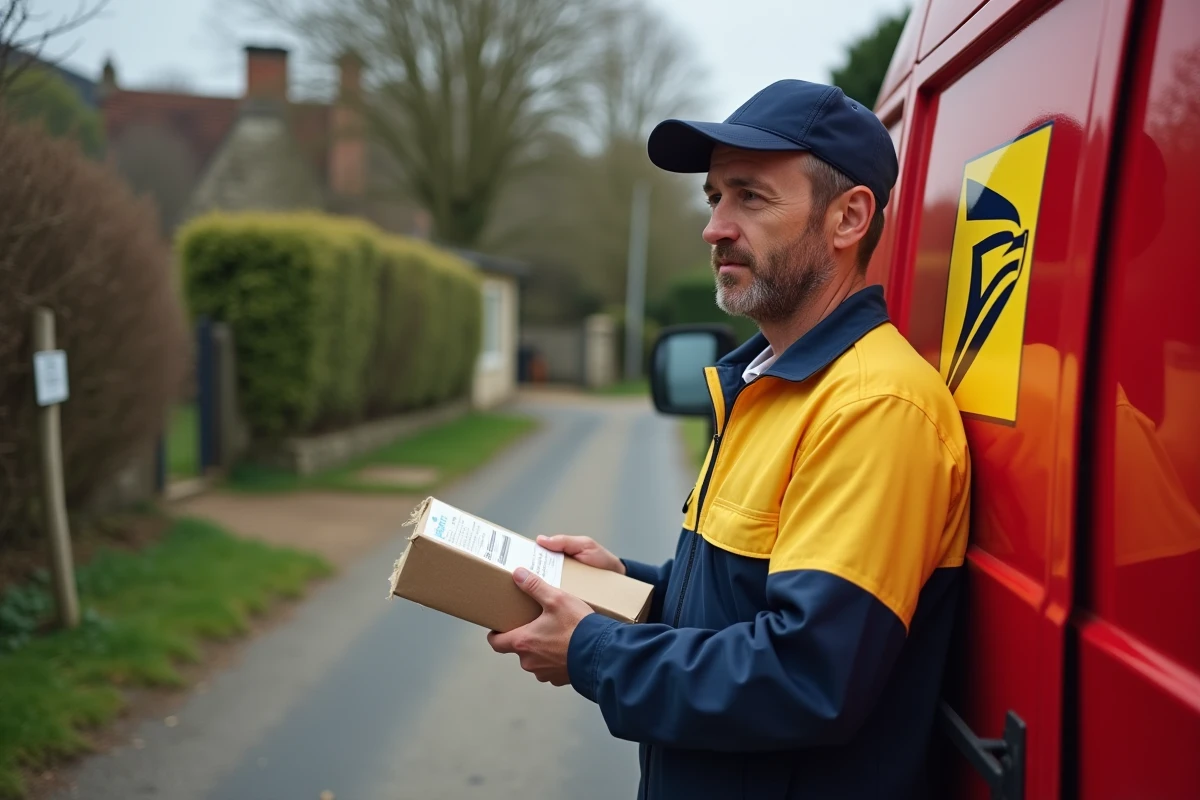 Facteur en uniforme postal tenant un colis devant un van rouge sur un chemin rural en France, observant une étiquette d'adresse avec un lieu-dit
