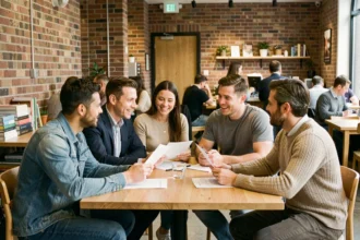 Groupe d'adultes réunis autour d'une table dans un café urbain, illustrant un fait social collectif et l'interaction sociale dans la vie quotidienne