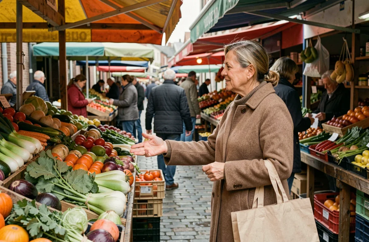 Femme adulte faisant ses courses au marché en plein air, échangeant avec un commerçant, exemple concret de fait social dans la vie quotidienne