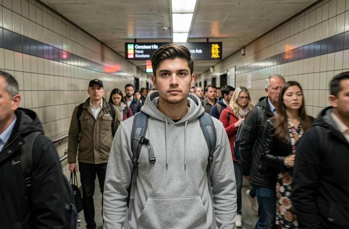 Jeune homme dans une station de métro bondée à l'heure de pointe, illustrant le fait social de la mobilité urbaine et des normes collectives