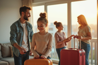 Famille heureuse préparant leurs valises dans un salon lumineux
