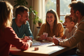 Famille souriante jouant à la crapette dans un salon lumineux