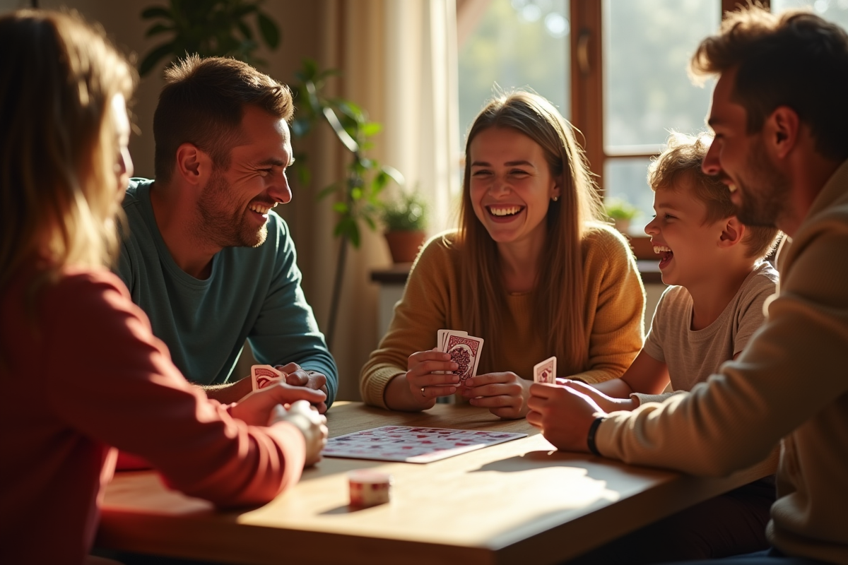 Famille souriante jouant à la crapette dans un salon lumineux