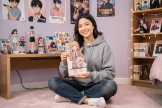 Jeune femme entourée de figurines et posters d'anime husbandos dans sa chambre décorée de merchandising japonais