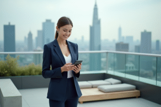 Femme d'affaires regardant la ville depuis un rooftop