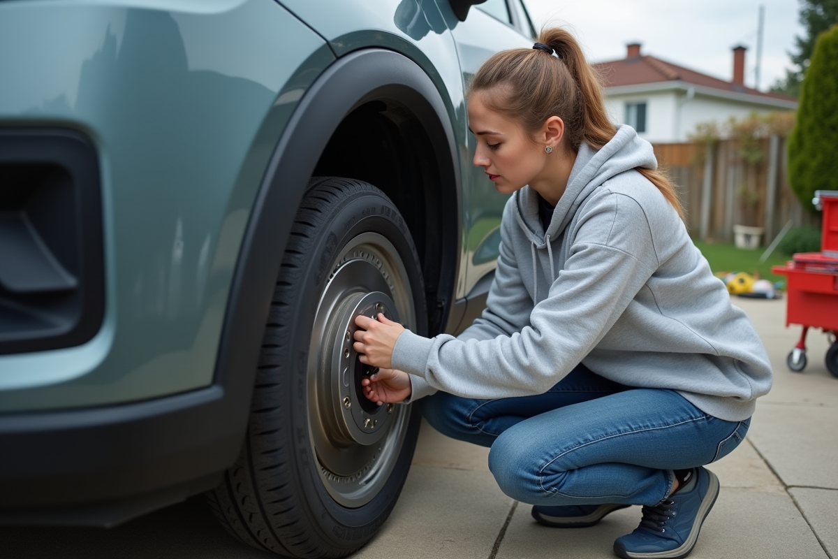 Jeune femme en extérieur ajuste un disque de frein