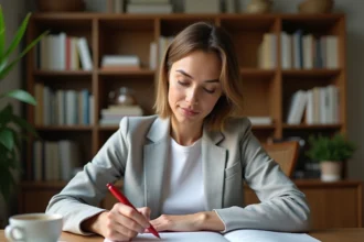 Femme annotant un manuel de grammaire française avec un stylo rouge, illustrant les règles orthographiques du français
