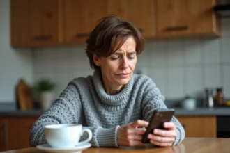 Femme regardant un appel inconnu sur son smartphone avec une expression inquiète, illustrant les arnaques téléphoniques au numéro 0424