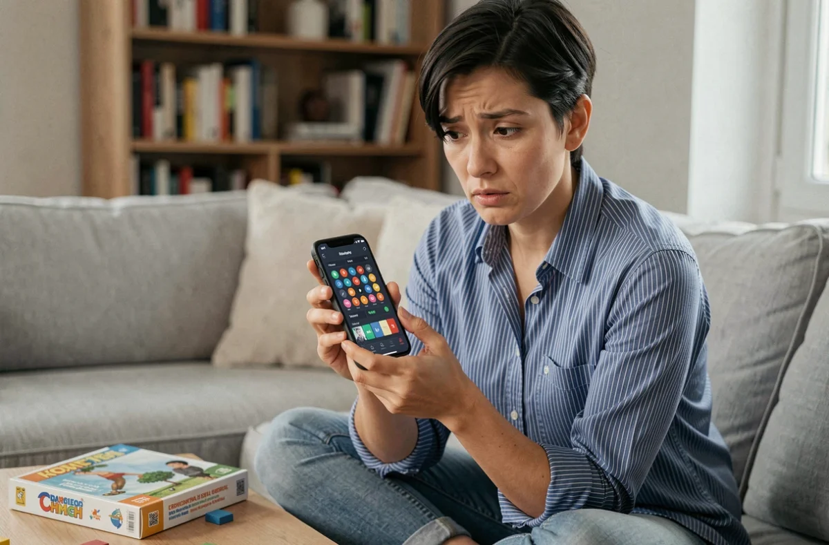 Femme jeune inspectant une application de Monopoly gratuit sur smartphone dans un salon moderne, regard sceptique et attentif