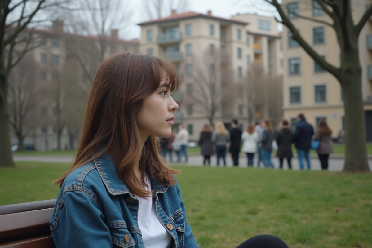 Jeune femme assise sur un banc de parc regardant au loin