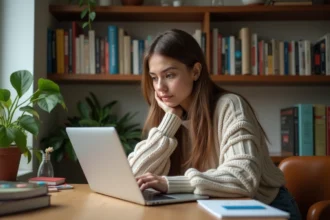Jeune femme lisant dans une bibliothèque moderne