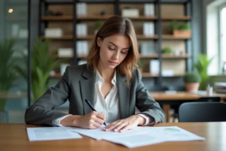 Jeune femme au bureau remplissant des formulaires professionnels
