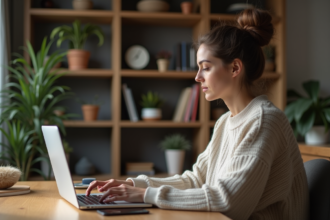 Femme au bureau vérifiant prix VPN sur son ordinateur