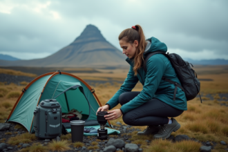 Jeune femme en camping en Islande avec tente et équipement
