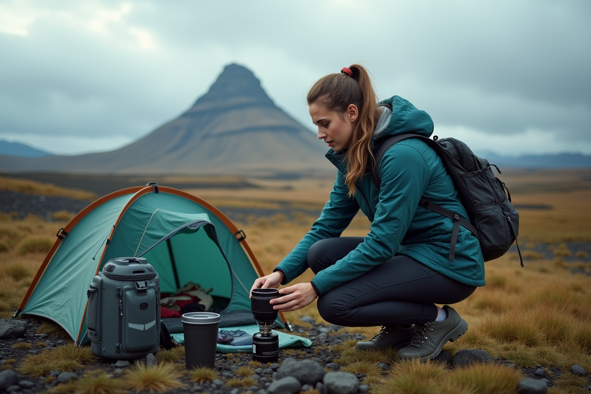 Jeune femme en camping en Islande avec tente et équipement