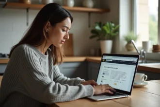 Femme consultant le centre d'aide d'un site de petites annonces sur son ordinateur portable pour résoudre un problème de paiement