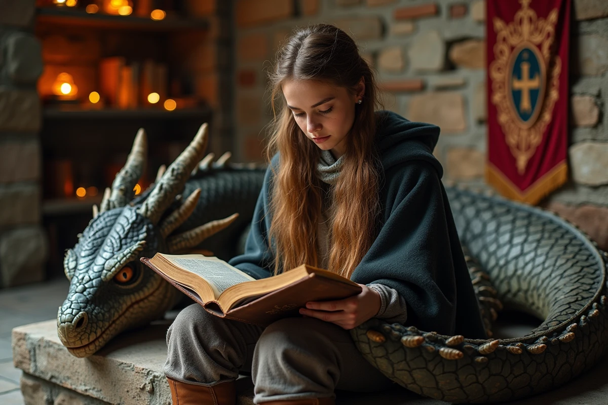 Femme lisant un livre près d’un dragon endormi dans une chambre ancienne